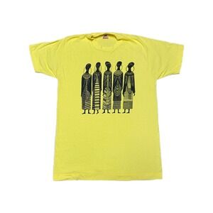 Vintage Art Shirt Men's L‎ Heidi Lange Maasai Women Africa Kenya Yellow Cotton
